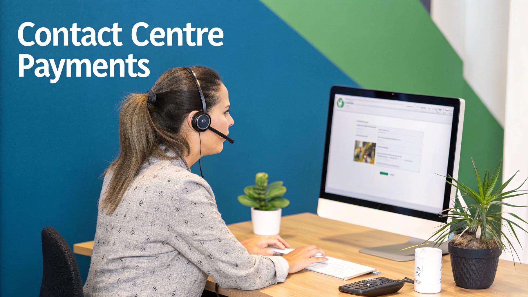 A customer service representative assisting with contact centre payments, wearing a headset and using a computer.