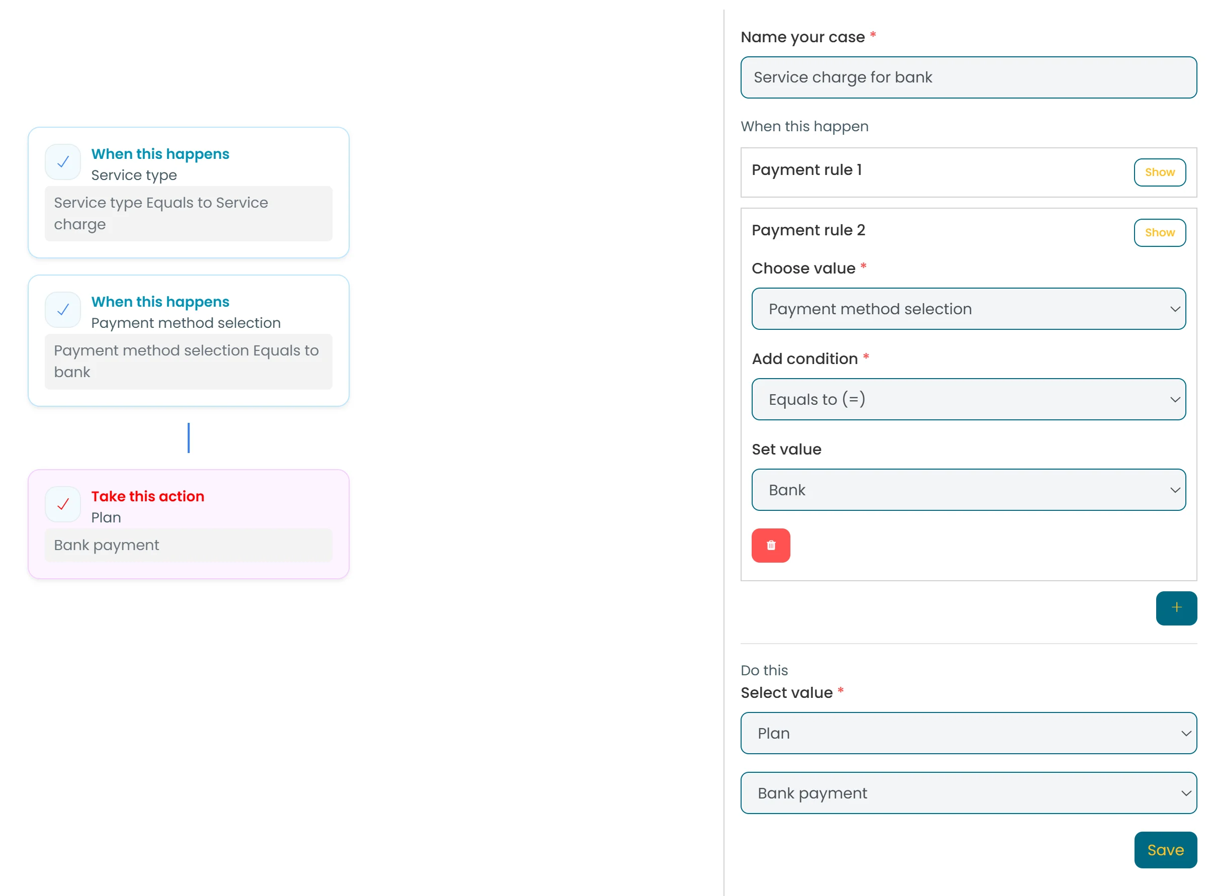 Advanced payment rules configuration interface showing conditional logic, validation rules, and payment button display controls
