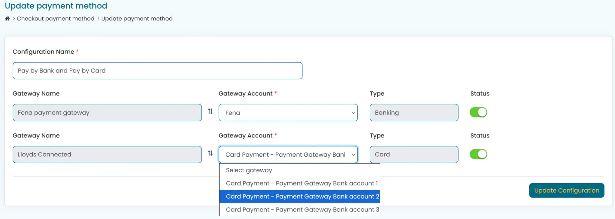 Payment type configuration showing gateway mapping and routing controls for different payment methods