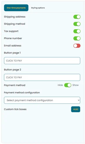 Checkout templates control panel showing on/off sliders for customising one-time payment form fields