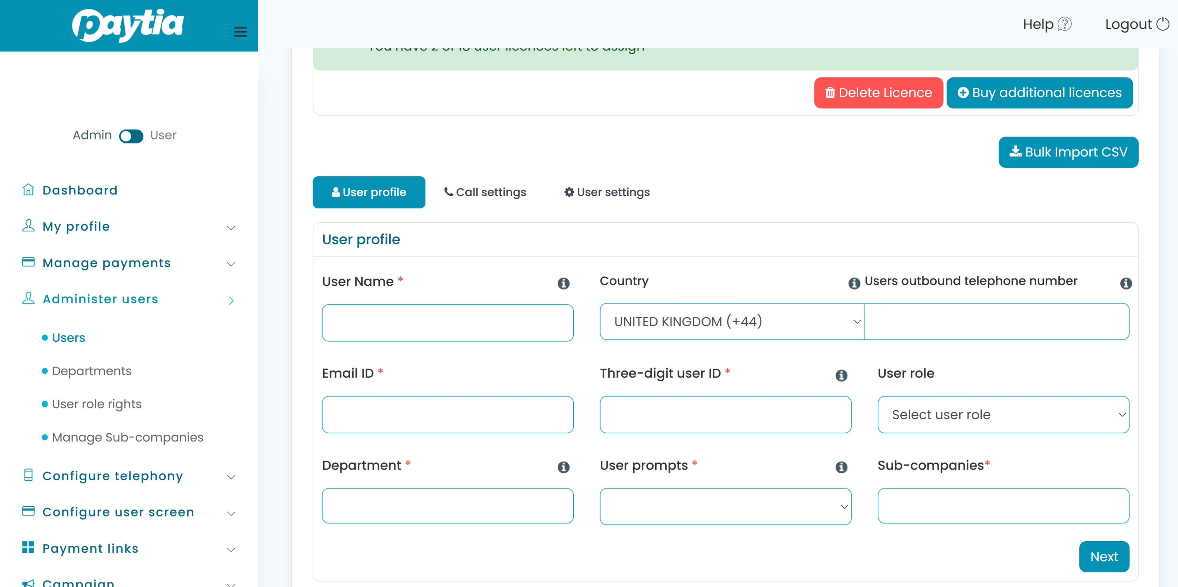 Paytia admin portal add users screen