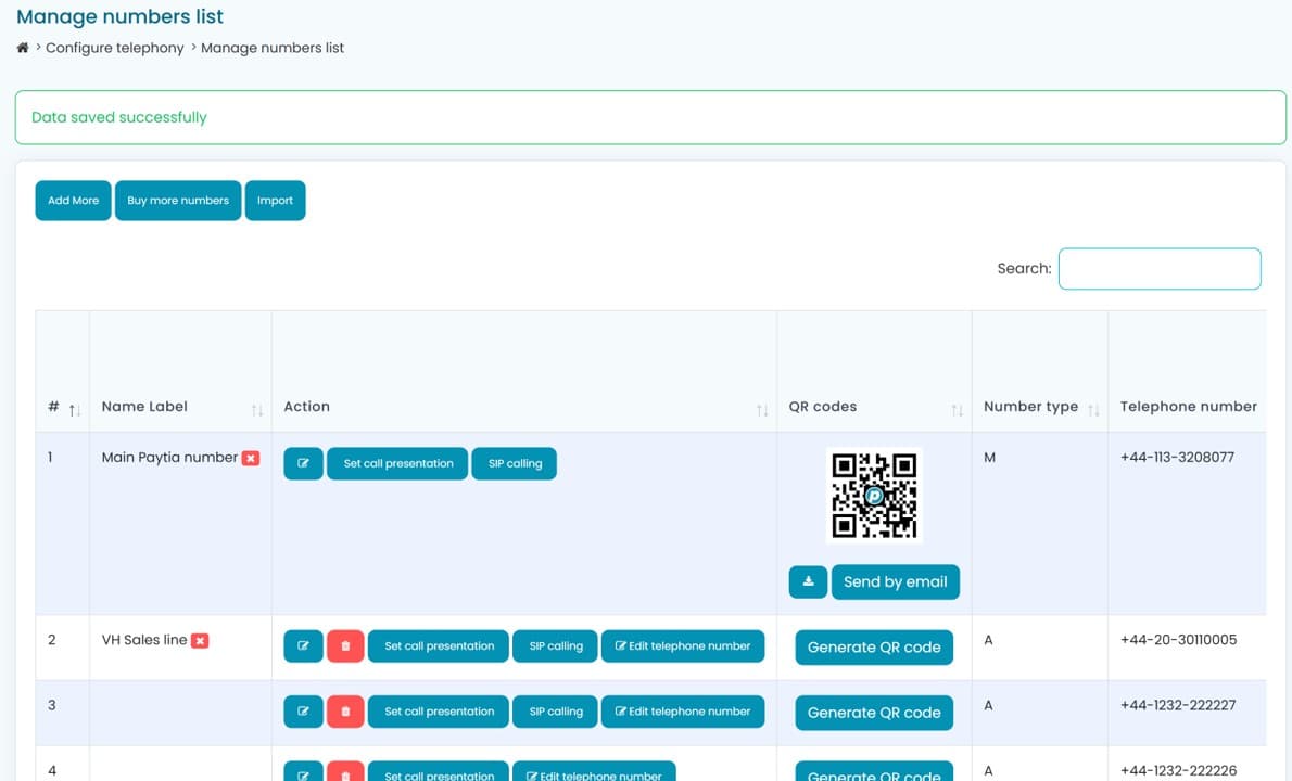 Paytia admin portal manage telephone numbers screen