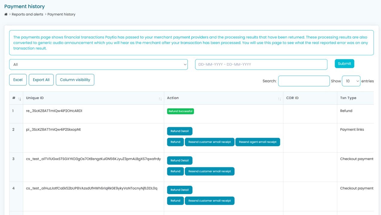 Paytia admin portal payment history report screen